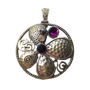 Floral Round Metal Pendant With Rhinestone Accents In Silver & Purple For Neckla